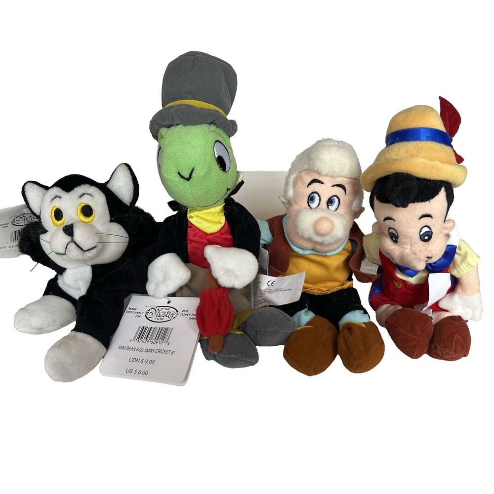 Disney Store Pinocchio Beanbag Plush Set of 4 VTG 90s Jiminey Cricket Figaro